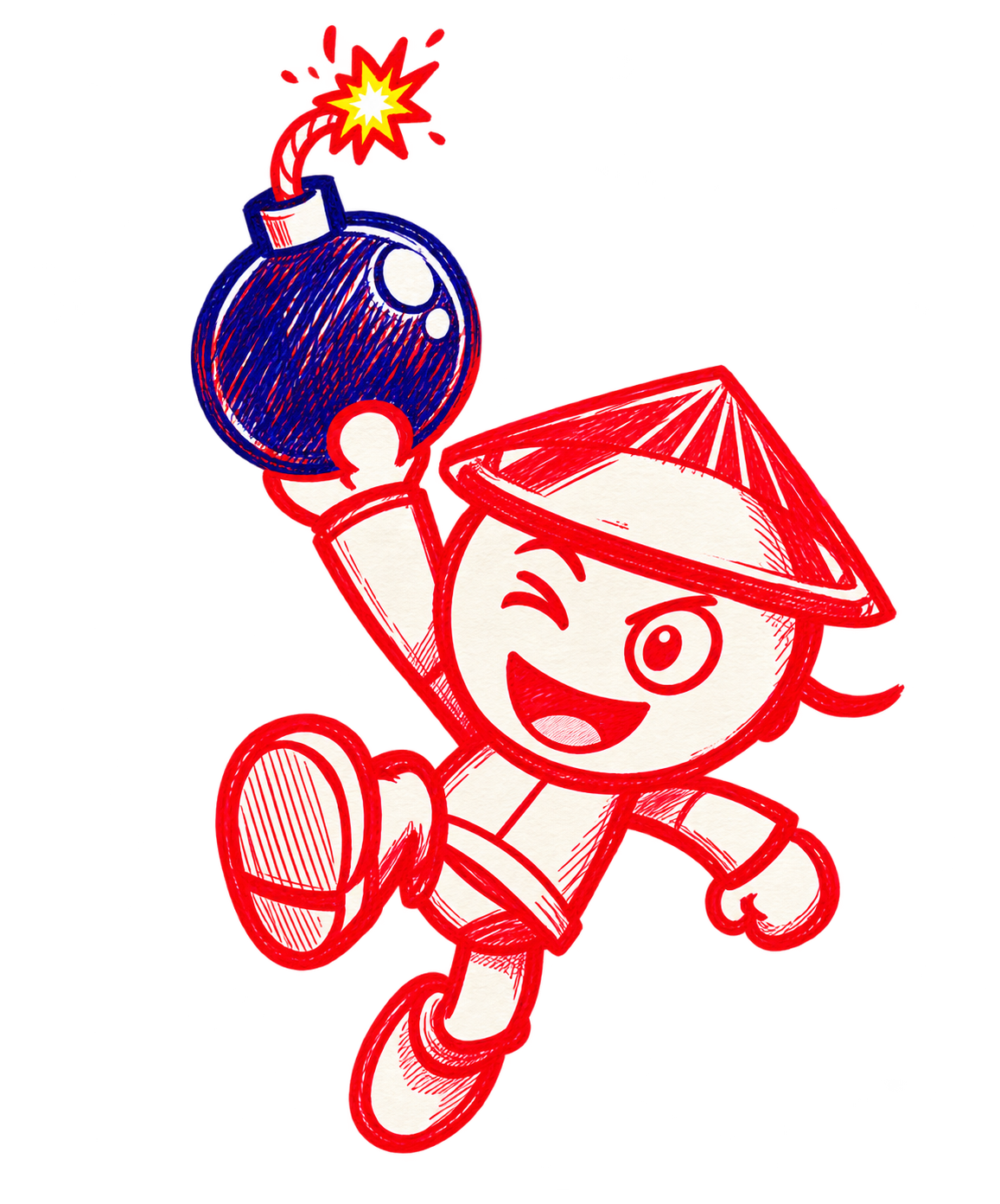 Desvairado, de chapéu vermelho, saltando com uma bomba